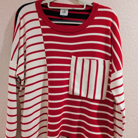 CAbi Sweaters - Cabi Style 5635 Red& White Stripes Front ,Red&Black, Cotton, Sweater Size Medium